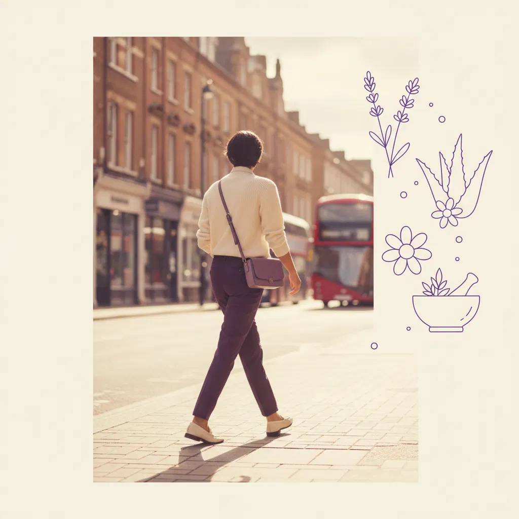 Person walking confidently on a bright UK high street - plant-based supplement for active lifestyle UK